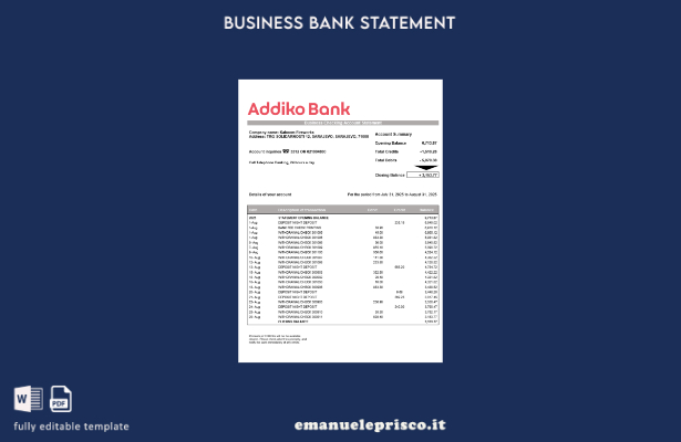 modello Word e PDF di estratto conto aziendale Addiko bosniaco in stile verifica